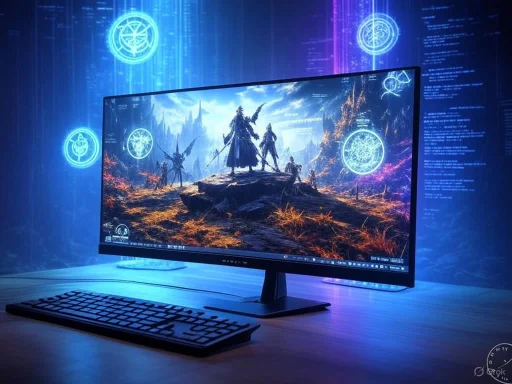 A gaming setup with a monitor displaying a fantasy scene, surrounded by glowing magical symbols in a dark room.