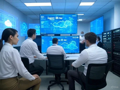 Team of professionals analyzing cloud data on multiple digital screens in a high-tech control room.