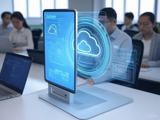 A business meeting with holographic cloud computing interface displayed on a digital screen.