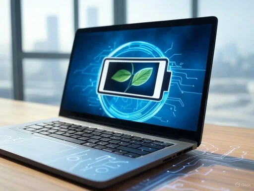 A laptop displaying a digital battery icon with a leaf, symbolizing eco-friendly or green energy technology. A laptop displaying a digital battery icon with a leaf, symbolizing eco-friendly or green energy technology.