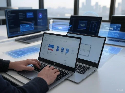 A person working on a laptop with multiple digital screens and holographic interface elements in a modern office.