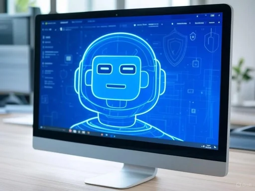 A digital illustration of a robot's face on a computer screen with blueprints and technological icons in the background.