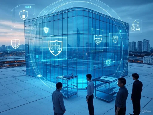 A futuristic security concept with holographic shields projected on a modern building, overseen by four business people.