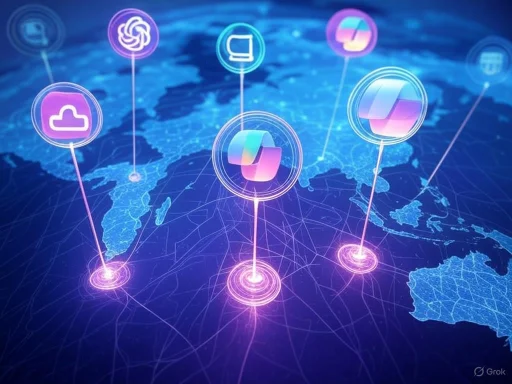 Digital network icons overlay a world map, illustrating global connectivity and cloud computing concepts. Digital network icons overlay a world map, illustrating global connectivity and cloud computing concepts.