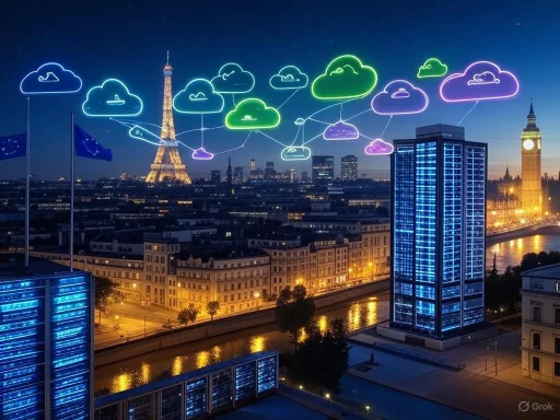 Neon cloud icons above a cityscape at night, featuring the Eiffel Tower and Big Ben.