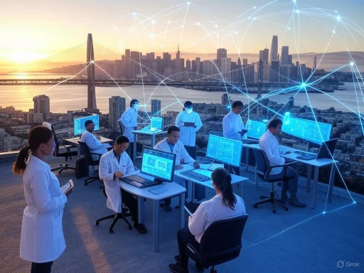 Scientists in lab coats work on computers with a city skyline and digital network overlay in the background.