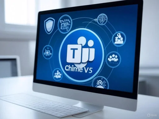 A computer monitor displays the Microsoft Teams logo with 'Chime V5' and surrounding icons on a blue background.
