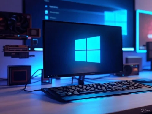 A Windows desktop setup with a monitor, keyboard, and multiple screens displaying the Windows logo in a tech workspace.