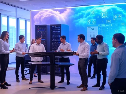A diverse group of professionals is gathered around a large table in a high-tech office, discussing cloud and data security.