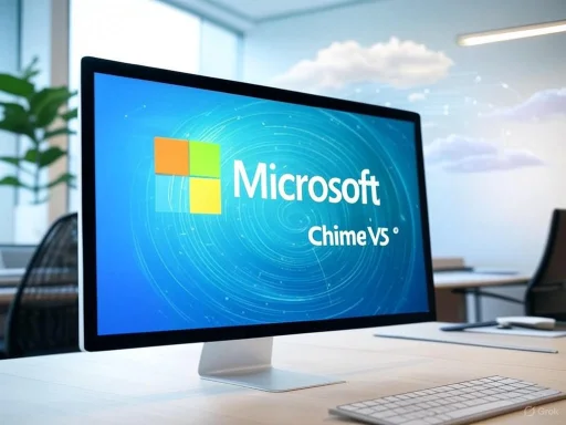 A computer monitor displays 'Microsoft Chime VS' on a bright office desk with a plant and chairs nearby.