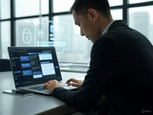 A man in a business suit works on a laptop in a modern office, with digital security icons projected nearby.