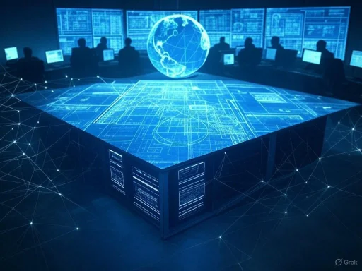 A high-tech command center with holographic displays and a digital globe, focused on global digital data analysis.