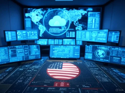A high-tech security or monitoring room displaying global data, with a focus on the U.S. flag and digital interfaces.