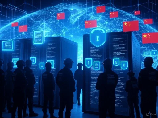 Soldiers observe digital security displays with Chinese flags and a global network background.