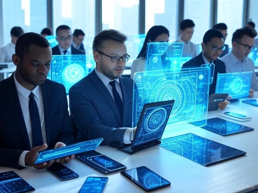 Business professionals using holographic digital interfaces and multiple devices in a high-tech conference room.