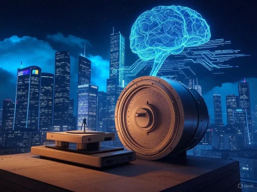 A rooftop scene featuring scientific equipment with a digital brain hologram above, set against a futuristic city skyline.