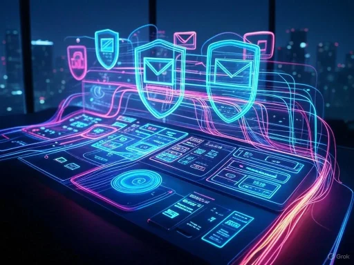 A digital illustration of cybersecurity with holographic shields and icons on a futuristic computer interface.