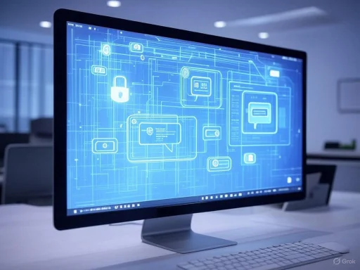 A computer monitor displays a digital interface with icons and graphics related to cybersecurity or data security. A computer monitor displays a digital interface with icons and graphics related to cybersecurity or data security.