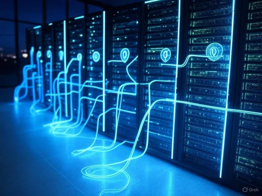 Server racks with neon blue data flow lines and location icons, in a high-tech data center or server room.