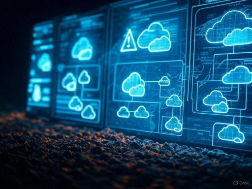 Digital screens display cloud computing diagrams and warning icons in a futuristic, tech-focused scene.