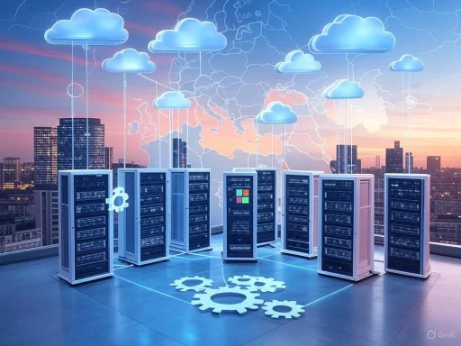 Cloud icons and gears overlay a data center, symbolizing cloud computing and data management in a modern urban setting.