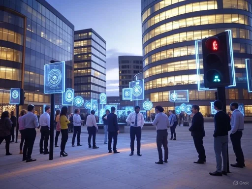 People gather outdoors at dusk amidst illuminated digital displays and traffic lights in an urban plaza.