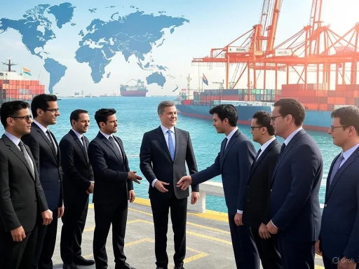 Businessmen shaking hands at a port with container ships and a world map in the background.
