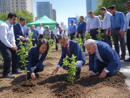 Businesspeople planting trees together at an outdoor environmental event in an urban space.