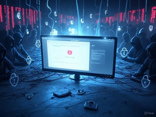 Hackers in dark hoodies are gathered around a computer with a cybersecurity monitoring screen in a digital, lock-themed environment. Hackers in dark hoodies are gathered around a computer with a cybersecurity monitoring screen in a digital, lock-themed environment.