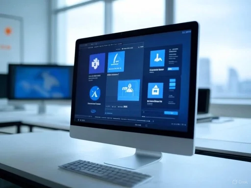 A modern desktop computer displaying a dashboard with various icons and options in a bright office setting.
