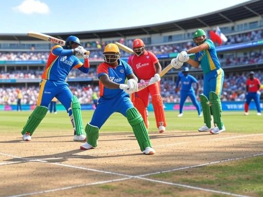 Cricket players in colorful uniforms engage in a match at a packed stadium. Cricket players in colorful uniforms engage in a match at a packed stadium.