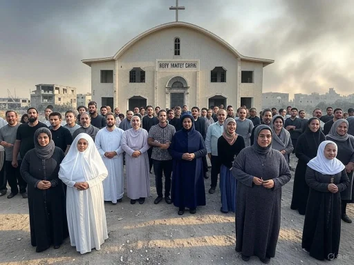 Group of people standing in front of a church with a cross, some women in traditional attire, under cloudy sky.