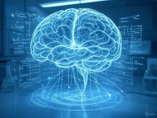 A digital, holographic projection of a human brain with neural connections against a high-tech lab background.