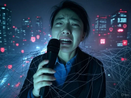 A person appears distressed while holding a microphone, with a digital cityscape and network lines in the background.