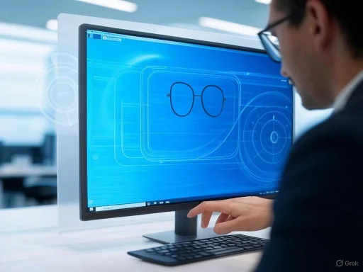 A person sketches eyeglasses design on a computer screen in a modern office setting. A person sketches eyeglasses design on a computer screen in a modern office setting.