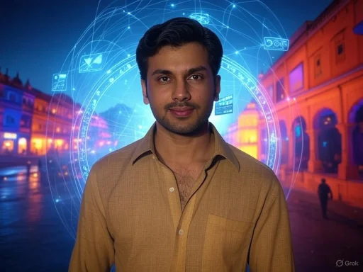 A man stands in front of a digital, futuristic background with holographic technology elements.