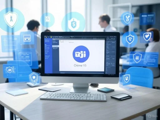 A computer monitor displaying 'Tiji' with security icons floating around, in a modern office setting.