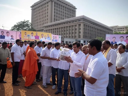 A group of people participating in a ceremonial event outdoors, with some holding containers and others praying or observing.