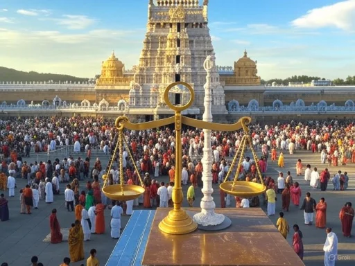 A large crowd gathers at a temple, with a prominent golden balance scale in the foreground symbolizing justice.