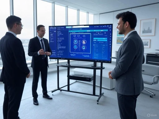 Three business professionals in suits discuss data displayed on a large digital screen in a modern office.