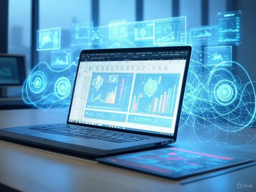 A laptop displaying data charts with futuristic floating digital graphs and holograms in a high-tech environment.