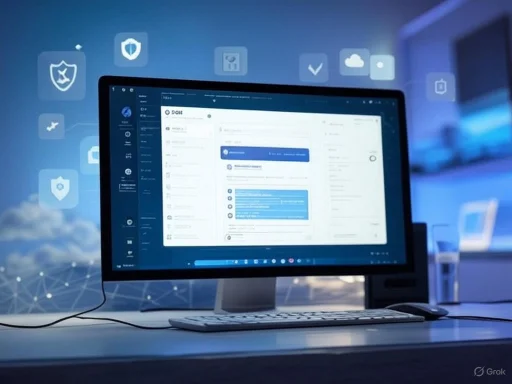 A computer monitor displays a digital interface in a tech workspace with security icons floating around.