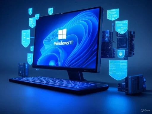 A computer monitor displays Windows 11 with digital security shield icons and circuit boards surrounding it.