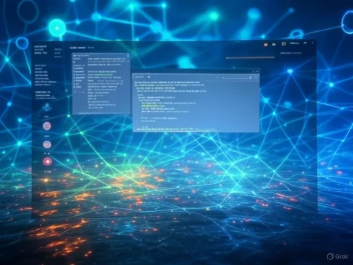 Digital network background with floating code windows and glowing interconnected lines.