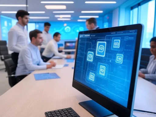A team of professionals analyzes digital interface designs displayed on a computer screen in a modern office.