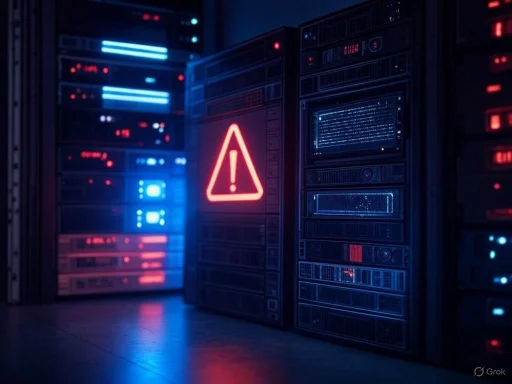 A server room with a warning sign on one of the servers indicating an alert or issue.