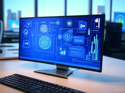 A computer monitor displays a futuristic data visualization interface with graphs and technical diagrams.