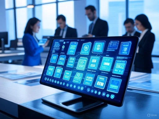 A digital interface displaying various data charts and icons is shown in front of a group of business professionals in a modern office.