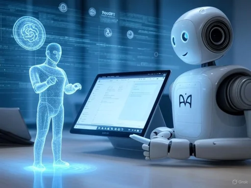 A robot interacts with a holographic human figure in a high-tech interface setting.