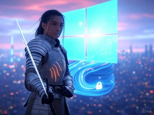 A futuristic female warrior in armor holding a glowing sword against a digital cityscape background with the Windows logo. A futuristic female warrior in armor holding a glowing sword against a digital cityscape background with the Windows logo.